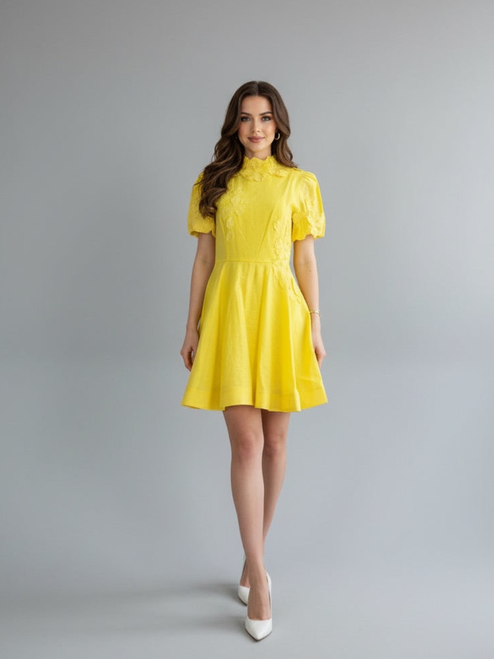 ANTONIO MELANI Sunny Yellow Lace Fit-and-Flare Mini Dress